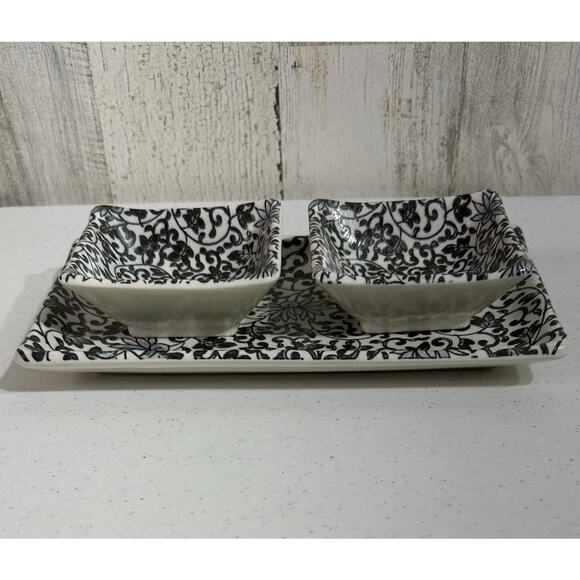 Kanesada Salt Glaze Stoneware Set Sushi Plate Sauce Bowls Black Floral Filagree